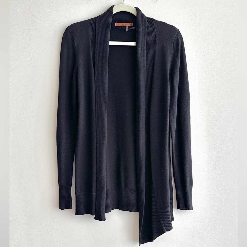 Belldini Asymmetrical Long Black Open Cardigan, Casual Versatile Sweater, Small